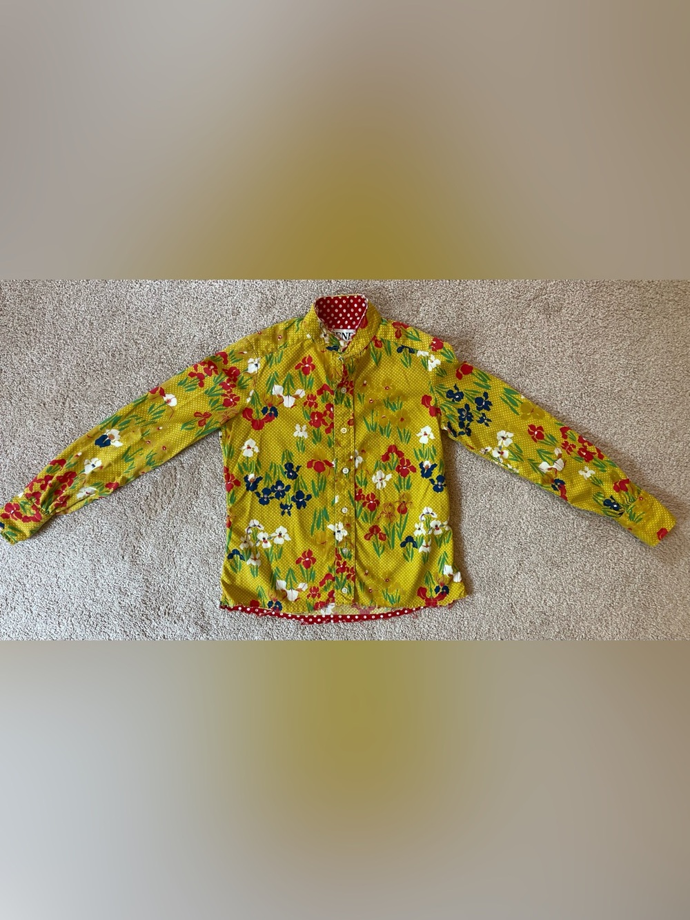 Beene Bazar Vintage Y2K Mustard Yellow Floral Polka Dots Button-Up Shirt - Picture 5 of 13